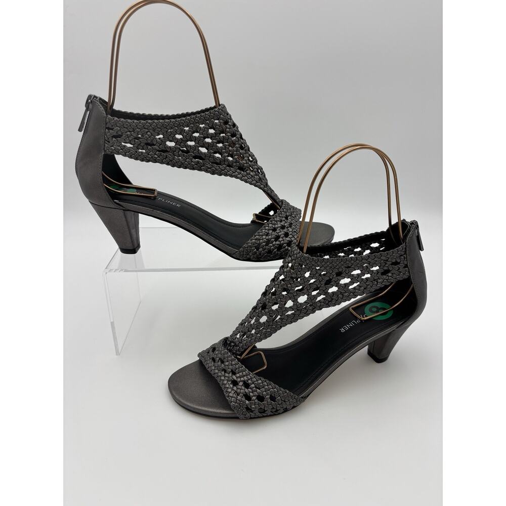 Donald Pliner Verona 2 Heels Sandals Pewter Grey Leather Size 8 M Basketweave - Picture 2 of 14
